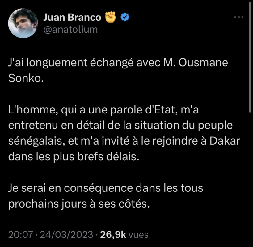 Me Juan Branco annonce sa venue au Sénégal après un entretien téléphonique avec Sonko Me Juan Branco annonce sa venue au Sénégal après un entretien téléphonique avec Sonko