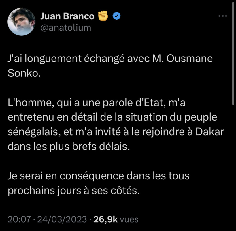 Me Juan Branco annonce sa venue au Sénégal après un entretien téléphonique avec Sonko