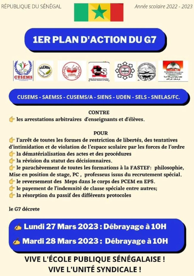 Arrestations arbitraires d'enseignants et d'élèves: le G7 annonce un débrayage lundi et mardi