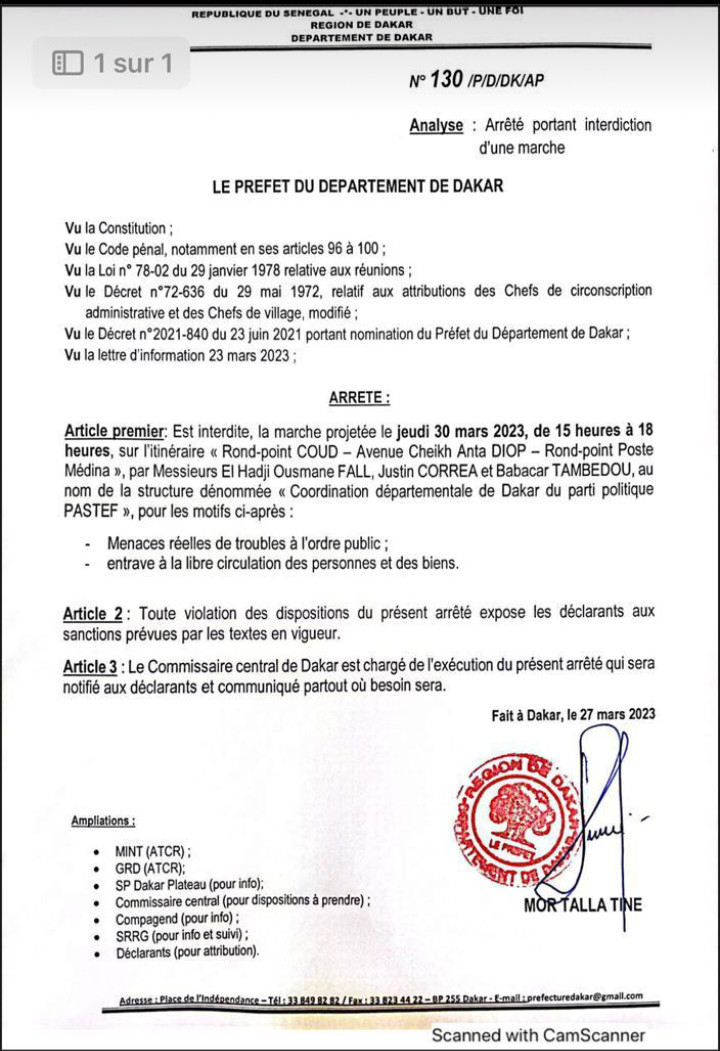 Le préfet de Dakar interdit les marches de Yewwi Askan Wi