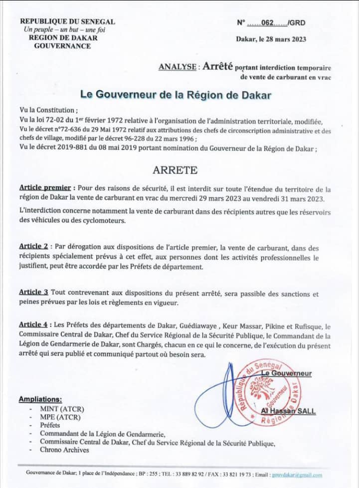Risque de tensions à Dakar dans les prochaines 48 heures: le Gouverneur interdit encore la vente de carburant en vrac