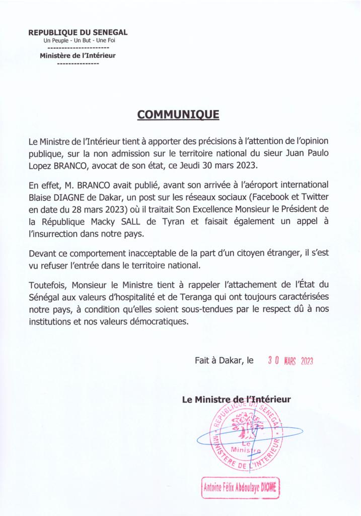 Sénégal : le ministre de l'Intérieur justifie l'expulsion de Juan Branco