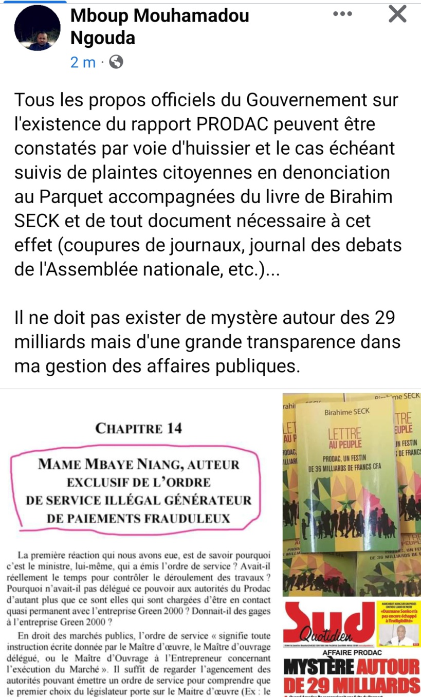 Affaire Prodac : Ngouda Mboup suggère aux citoyens "de plaintes en dénonciation au parquet" Affaire Prodac : Ngouda Mboup suggère aux citoyens "de plaintes en dénonciation au parquet"