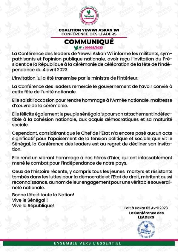 Célébration du 04 avril 2023: Yewwi Askan Wi reçoit et décline l’invitation de Macky à la cérémonie