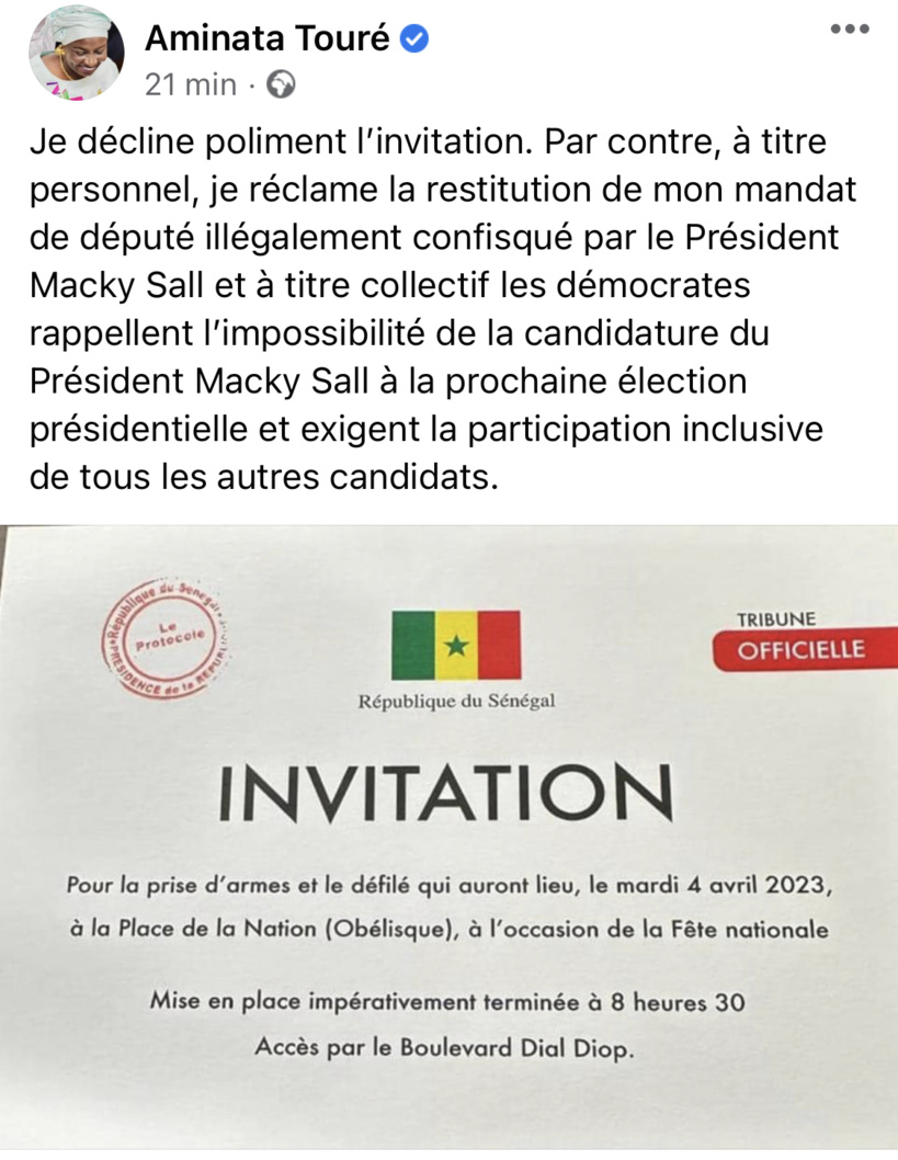 Après Yewwi, l’ancien Premier ministre Mimi Touré décline l’invitation de Macky à la cérémonie du 04 avril