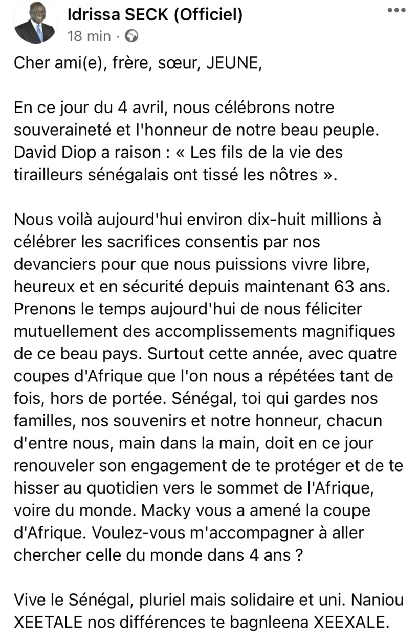 Facebook: Idrissa Seck déclare implicitement sa candidature à la Présidentielle de 2024 avant de supprimer le post Facebook: Idrissa Seck déclare implicitement sa candidature à la Présidentielle de 2024 avant de supprimer le post