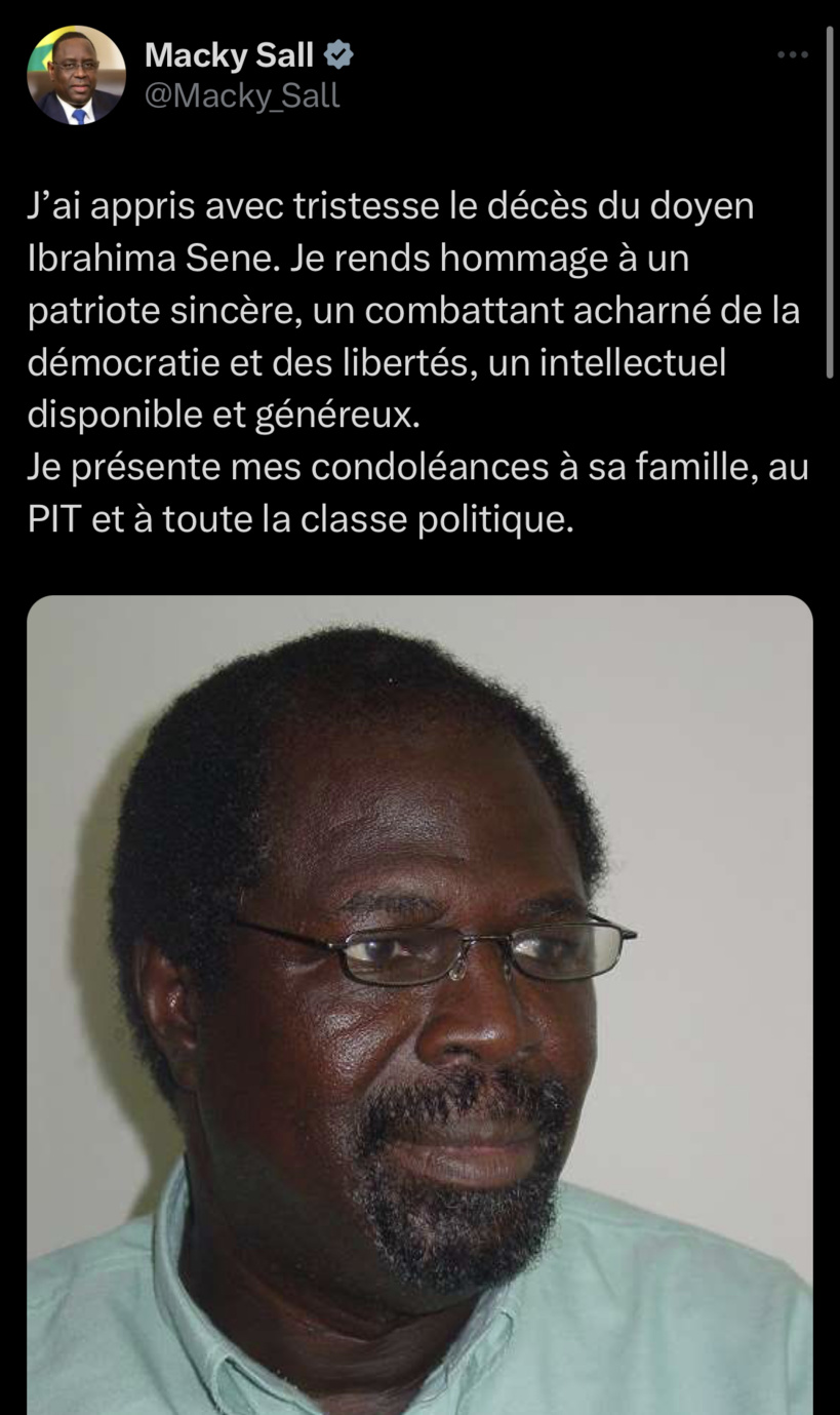 Décès de Ibrahima Sène du PIT: Macky Sall rend hommage à « patriote sincère »