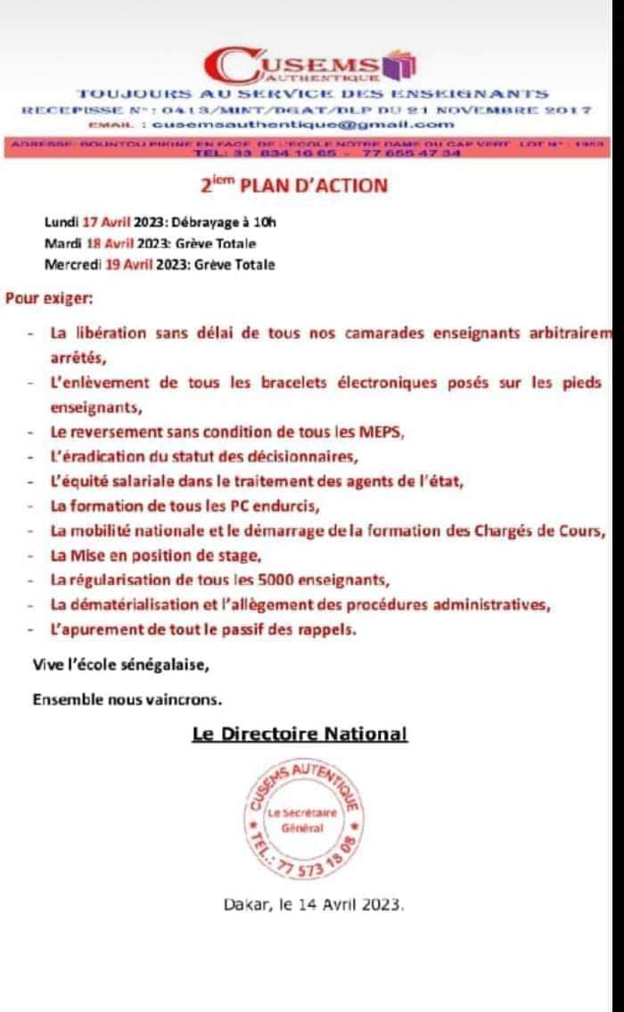 Le Cusems annonce un débrayage lundi suivie d'une grève totale mardi et mercredi