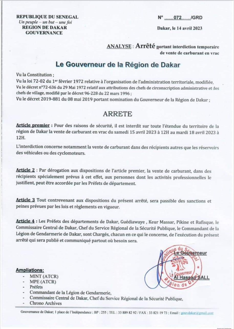 Procès en appel de Sonko: le gouverneur de Dakar remet son habituel arrêté "d'interdiction de vente de carburant en vrac" Procès en appel de Sonko: le gouverneur de Dakar remet son habituel arrêté "d'interdiction de vente de carburant en vrac"