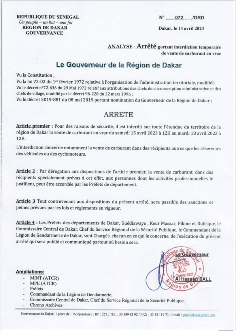 Procès en appel de Sonko: le gouverneur de Dakar remet son habituel arrêté "d'interdiction de vente de carburant en vrac"
