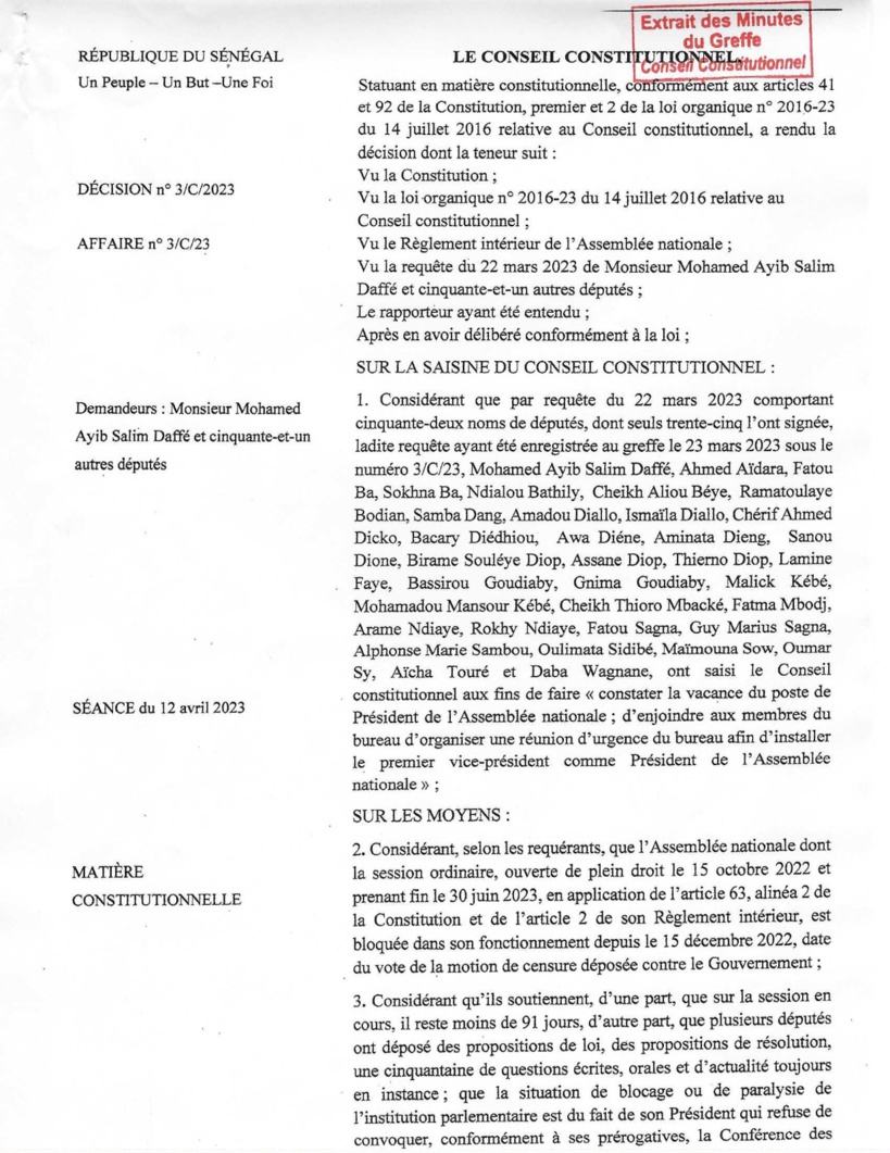 Saisine du Conseil constitutionnel pour réanimer l'AN : le recours de YAW déclaré « irrecevable » (documents) Saisine du Conseil constitutionnel pour réanimer l'AN : le recours de YAW déclaré « irrecevable » (documents)
