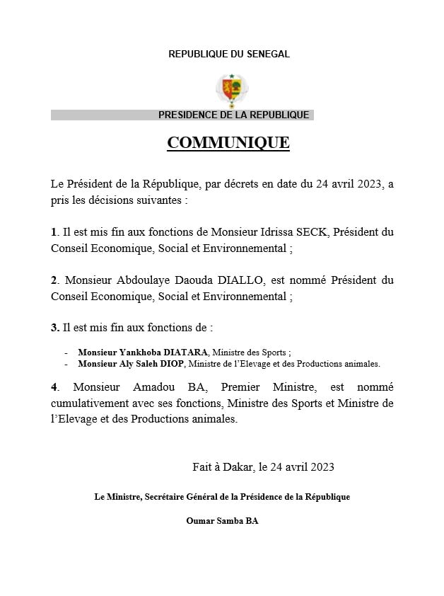 Départ des ministres de Idy: le PM Amadou Ba cumule son poste avec le Sport et l’Elevage (décret) Départ des ministres de Idy: le PM Amadou Ba cumule son poste avec le Sport et l’Elevage (décret)
