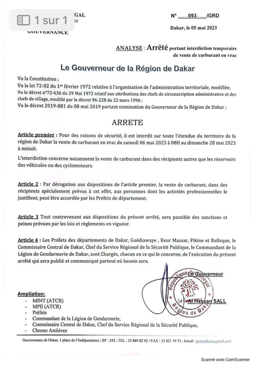Procès en appel de Sonko: le gouverneur de Dakar interdit la vente de carburant en vrac pour 22 jours Procès en appel de Sonko: le gouverneur de Dakar interdit la vente de carburant en vrac pour 22 jours