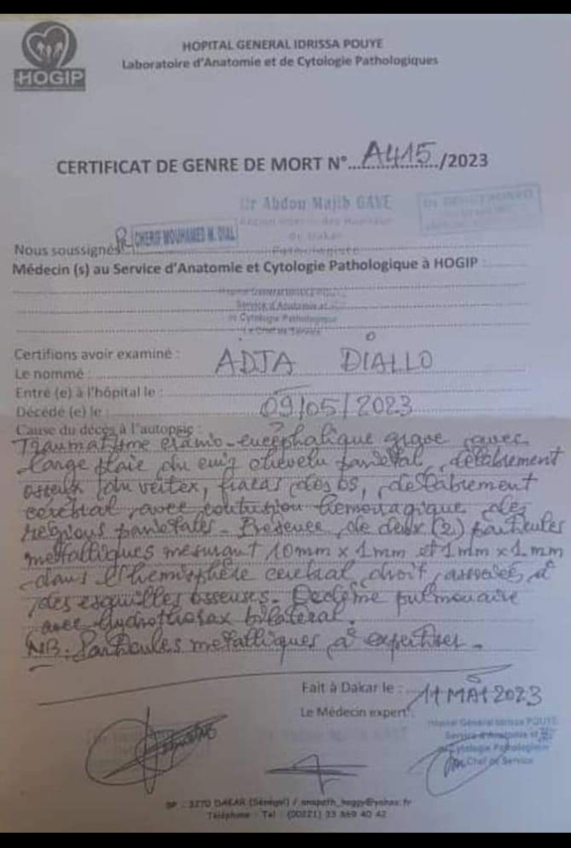 Fille décédée lors des affrontements Ngor : ce que dit le certificat de genre de mort