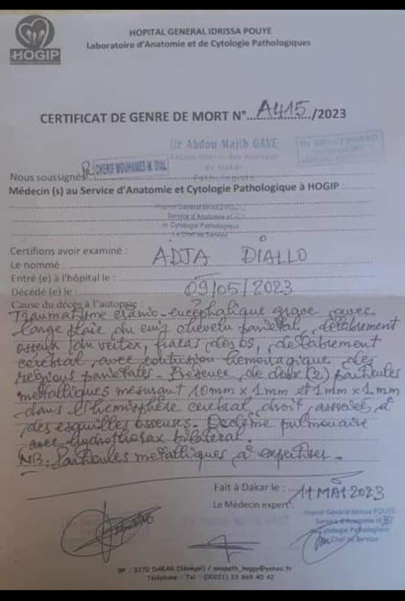 Fille décédée lors des affrontements Ngor : ce que dit le certificat de genre de mort Fille décédée lors des affrontements Ngor : ce que dit le certificat de genre de mort