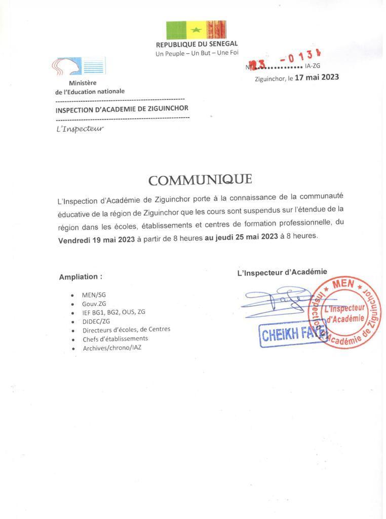 Ziguinchor : les cours suspendus du 19 au 25 mai (Document) 