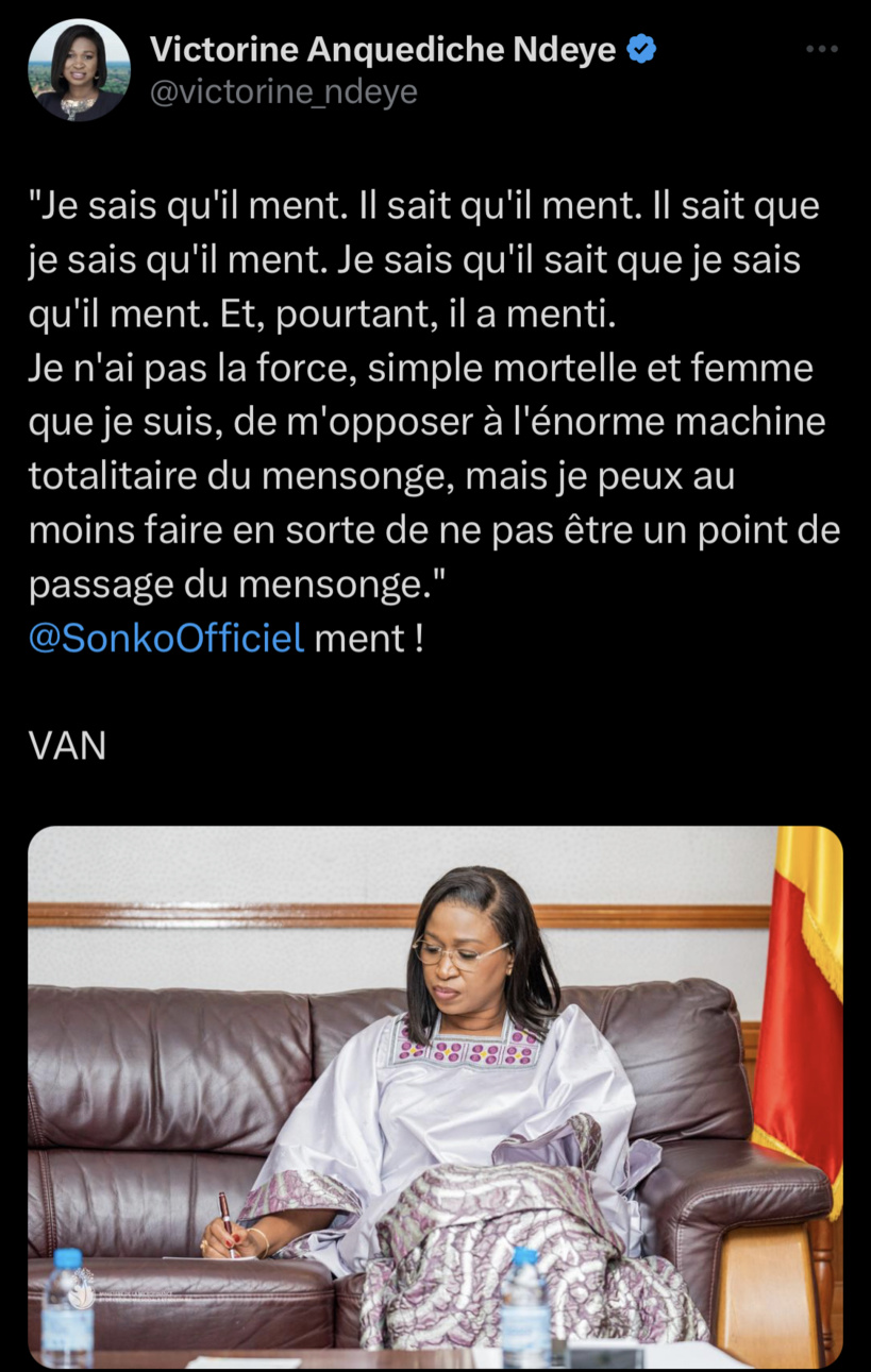 Victorine Ndeye réplique à Sonko: « il sait que je sais qu’il ment » Victorine Ndeye réplique à Sonko: « il sait que je sais qu’il ment »
