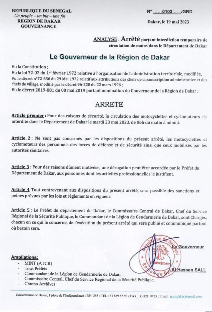 Affaire Sonko-Adji Sarr: encore une interdiction de circulation de motos à Dakar