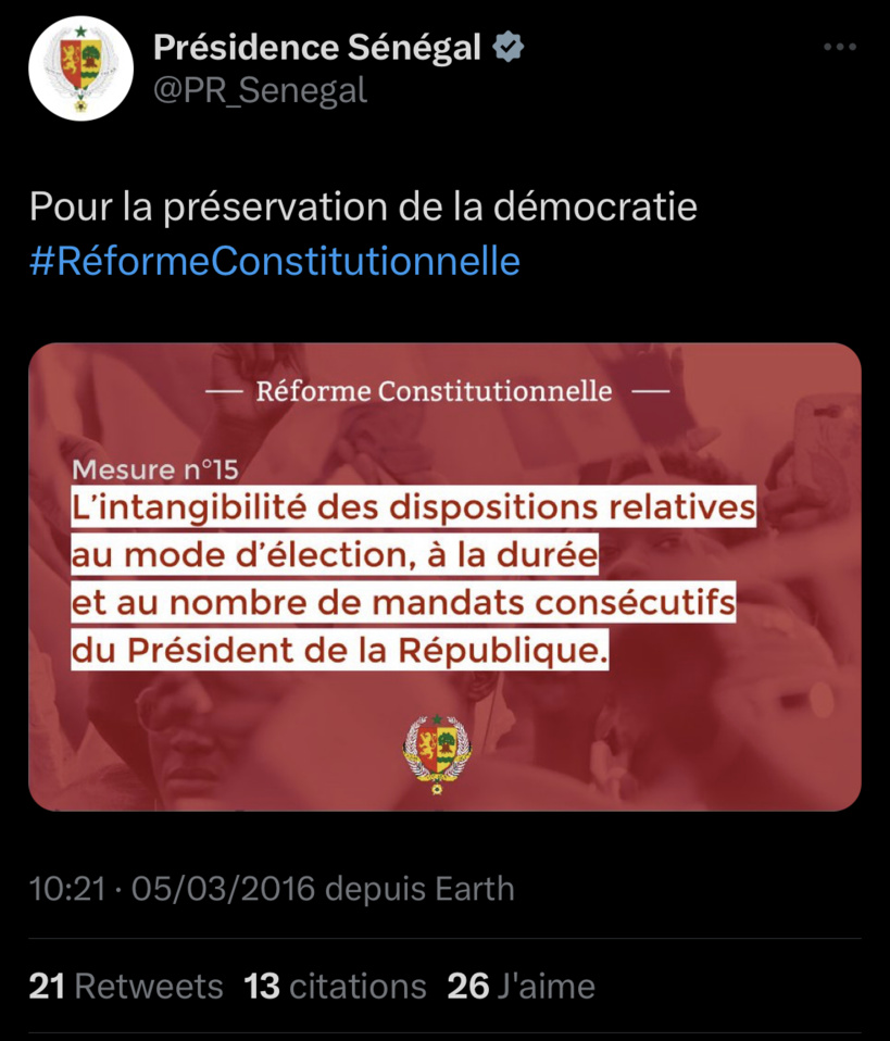 Encore un tweet de 2016 de la Présidence de la République contre la 3e candidature de Macky Sall Encore un tweet de 2016 de la Présidence de la République contre la 3e candidature de Macky Sall