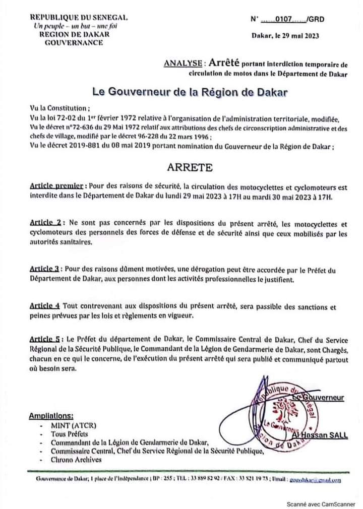 Nouvelle interdiction de circulation des motos dans le département de Dakar