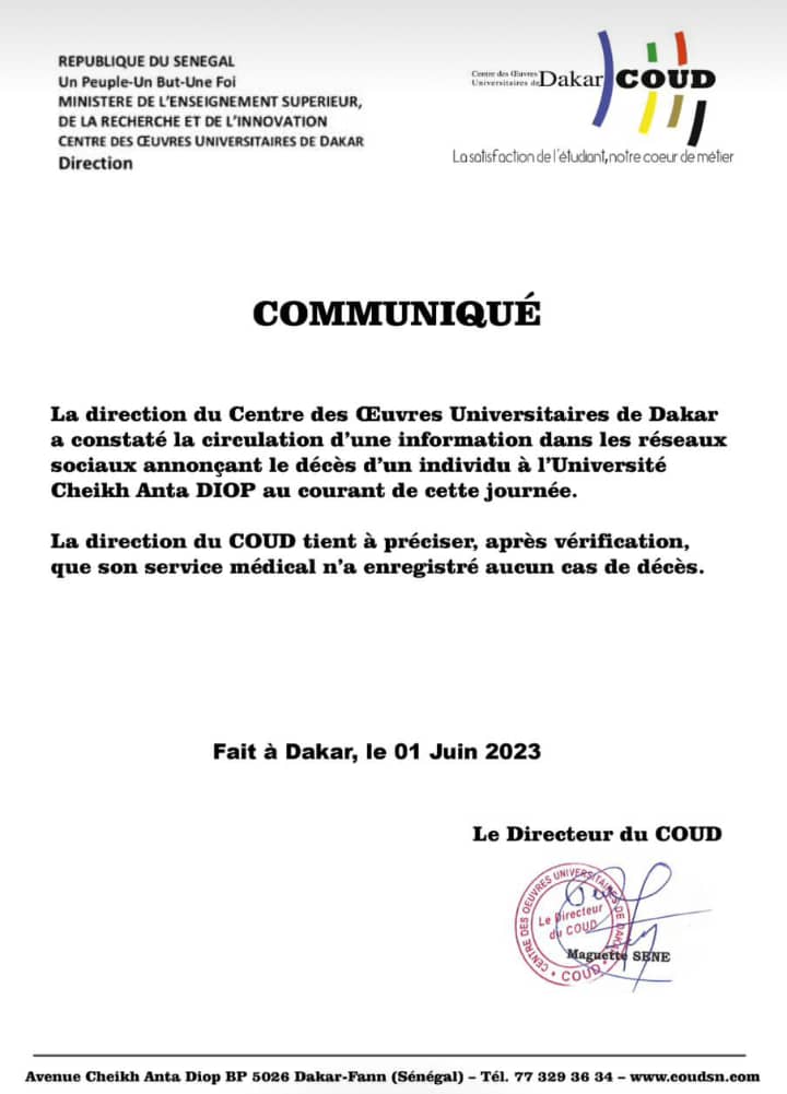 Décès annoncé à l'Ucad : la direction du Coud dément 