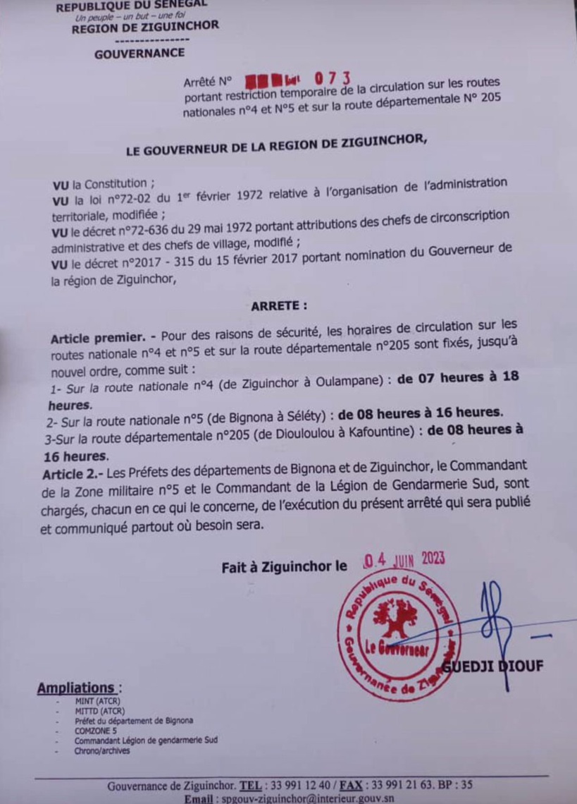 Ziguinchor : le Gouverneur restreint temporairement les horaires de circulation sur les Routes nationale