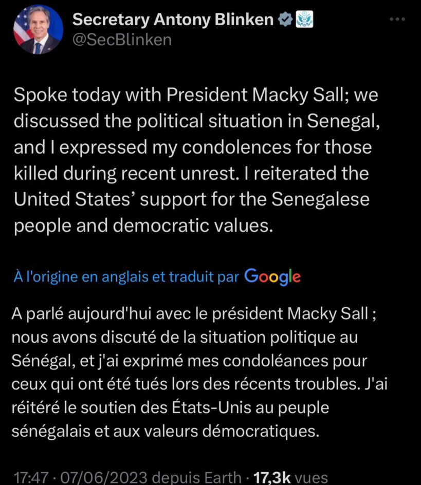 Tension au Sénégal : le secrétaire d’Etat américain a parlé au téléphone avec Macky Sall