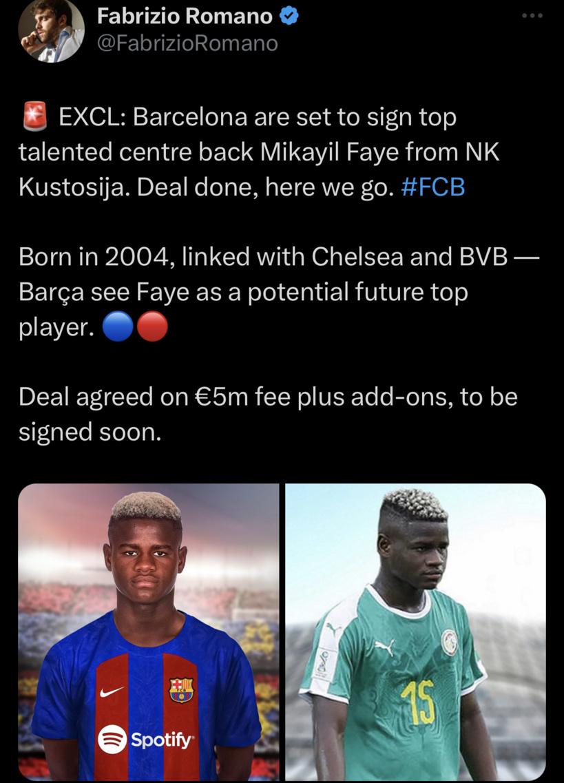 Le défenseur central sénégalais Mykayil Ngor Faye sur le point de signer au FC Barcelone Le défenseur central sénégalais Mykayil Ngor Faye sur le point de signer au FC Barcelone
