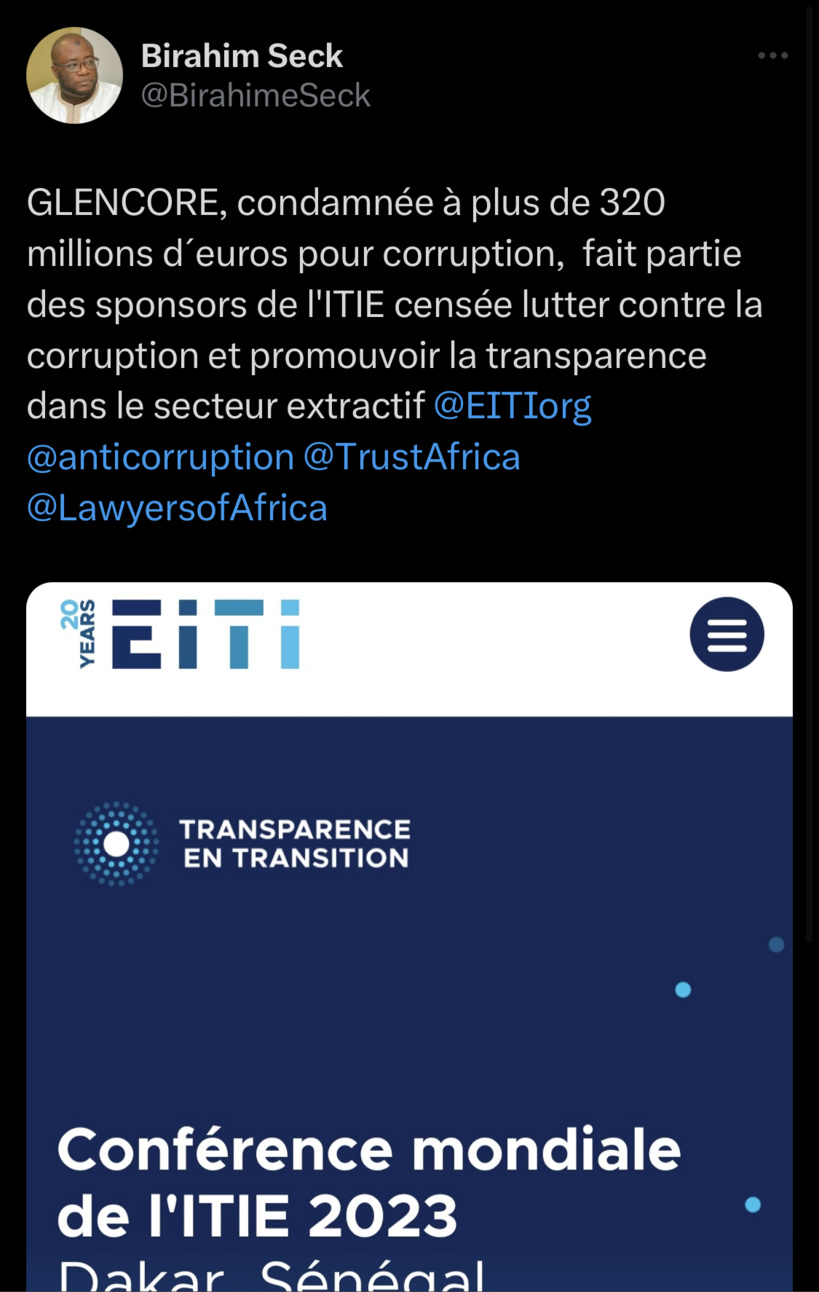 Birahim Seck s’en prend à l’ITIE sponsorisée par une entreprise condamnée pour corruption Birahim Seck s’en prend à l’ITIE sponsorisée par une entreprise condamnée pour corruption