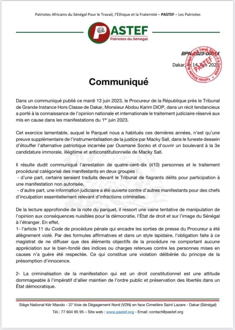 Personnes arrêtées lors des manifs de juin: le Pastef démonte le communiqué du parquet 