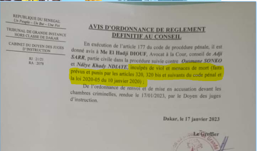 Faux monsieur le ministre ! L'infraction "corruption de la jeunesse" ne figurait pas dans l'ordonnance de renvoi du dossier Adji Sarr-Sonko Faux monsieur le ministre ! L'infraction "corruption de la jeunesse" ne figurait pas dans l'ordonnance de renvoi du dossier Adji Sarr-Sonko