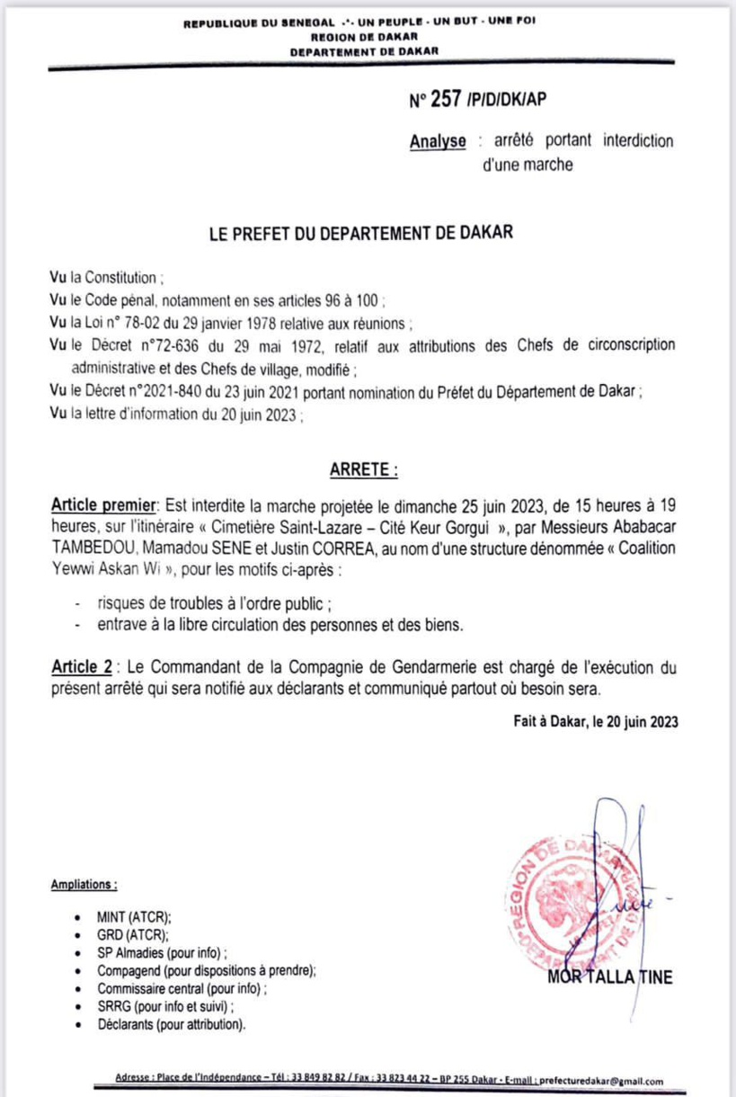 Dakar: le Préfet interdit tous les rassemblements de l’opposition prévus les 23 et 25 juin Dakar: le Préfet interdit tous les rassemblements de l’opposition prévus les 23 et 25 juin