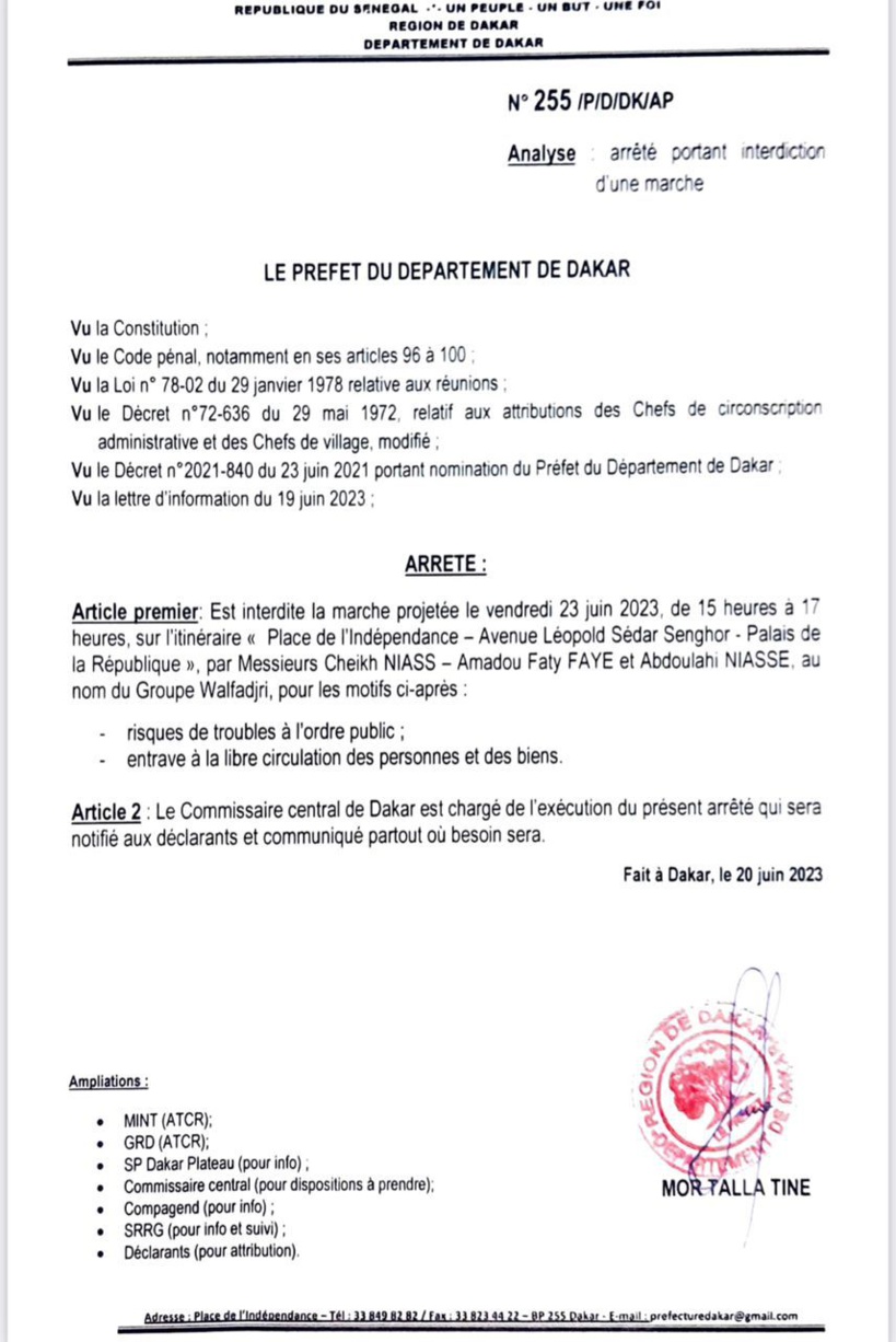 Dakar: le Préfet interdit tous les rassemblements de l’opposition prévus les 23 et 25 juin Dakar: le Préfet interdit tous les rassemblements de l’opposition prévus les 23 et 25 juin