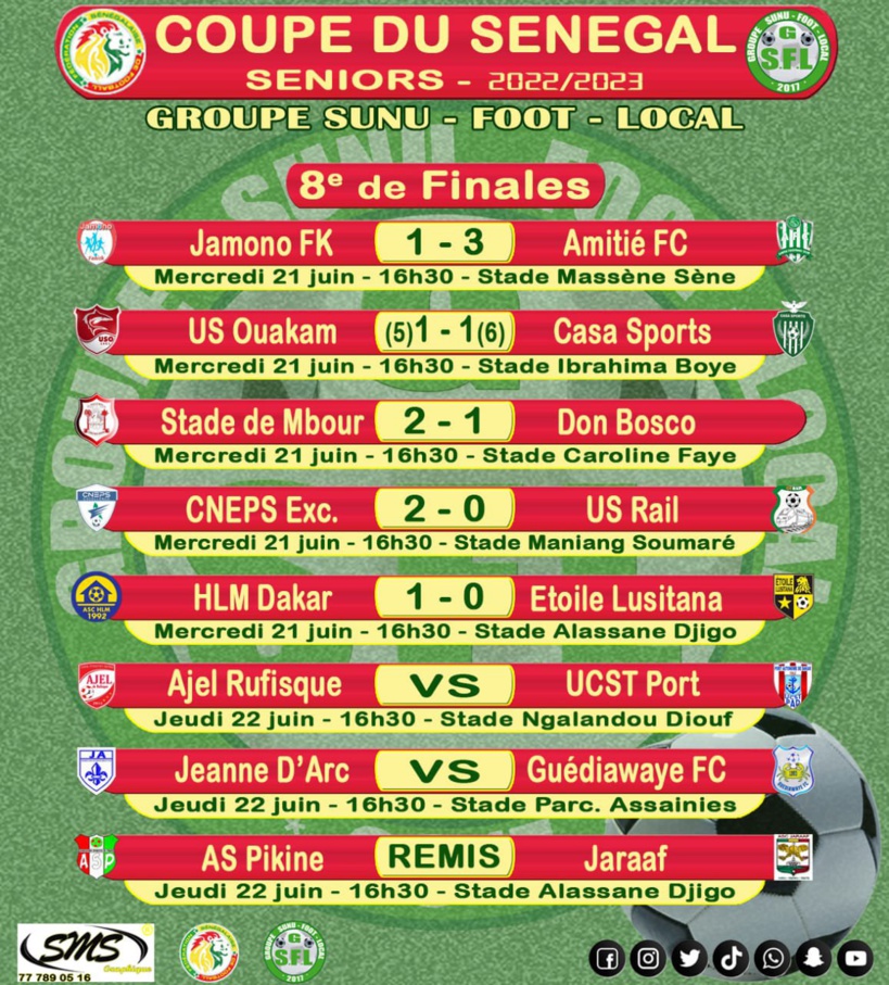 Coupe du Sénégal : Casa, CNEPS et Stade de Mbour qualifiés en quart de finale Coupe du Sénégal : Casa, CNEPS et Stade de Mbour qualifiés en quart de finale