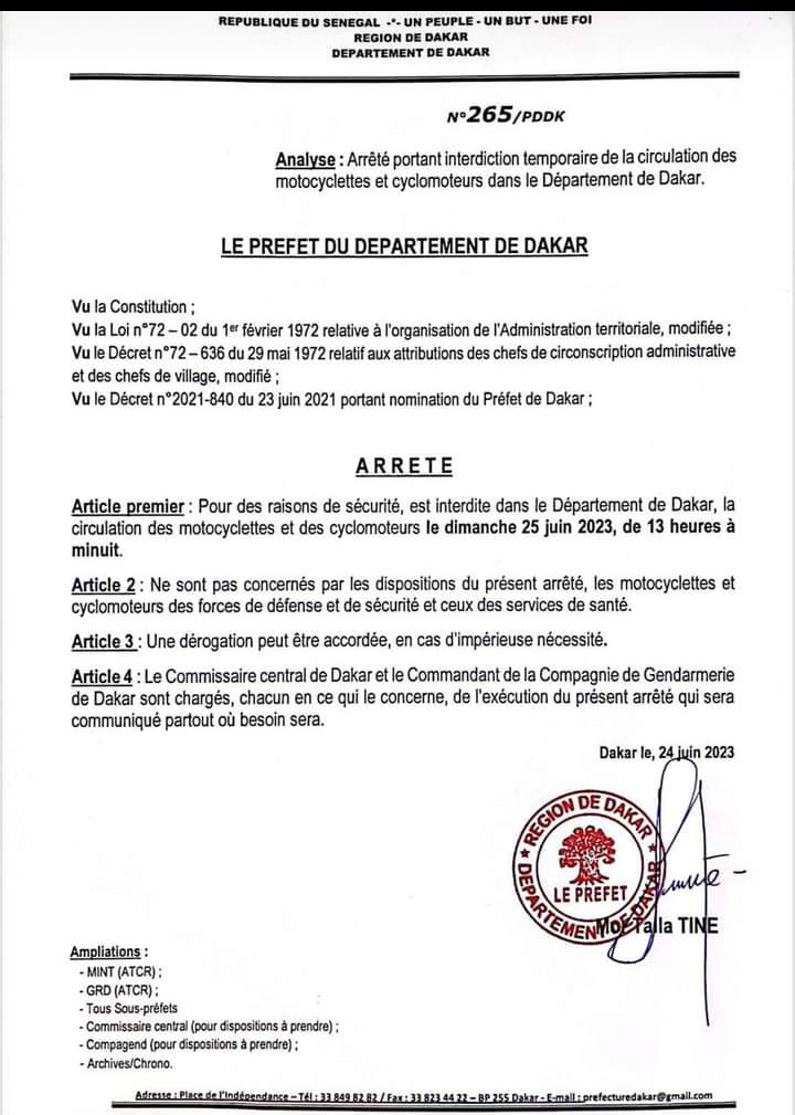 Dakar : les motos interdites de circuler de 13h à minuit (document) Dakar : les motos interdites de circuler de 13h à minuit (document)