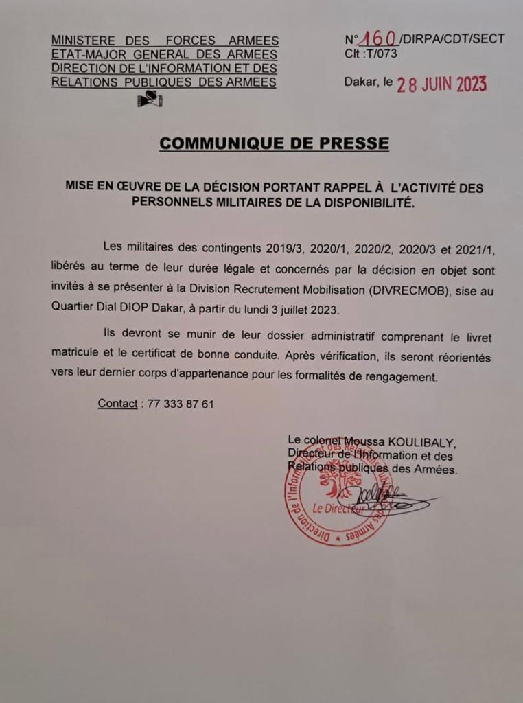 Les militaires libérés appelés à se rapprocher de la Division recrutement (Document)