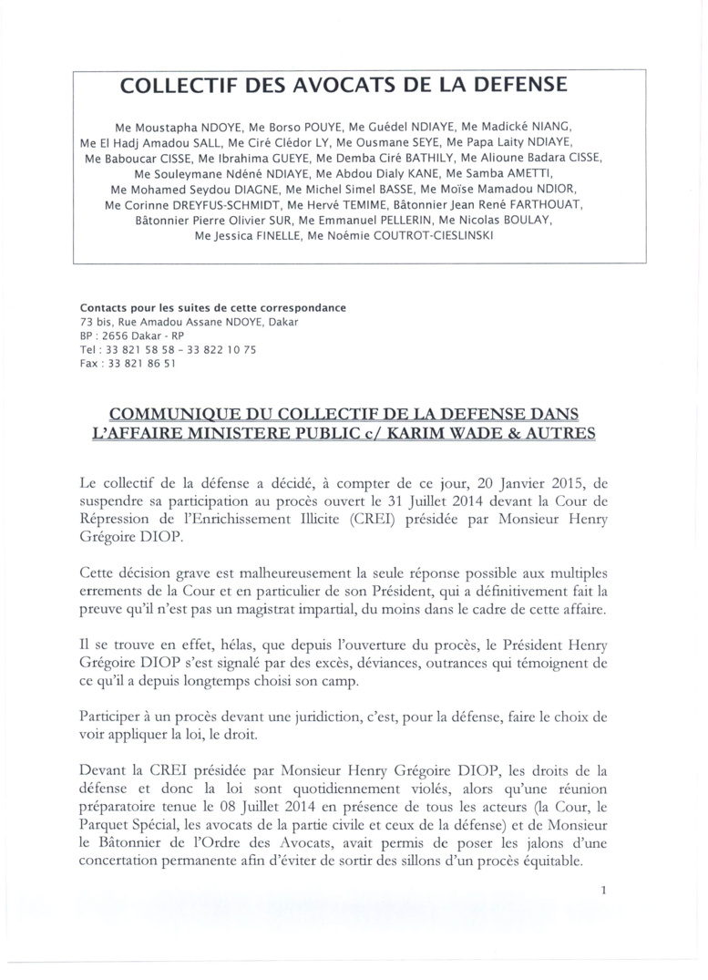 PUBLIREPORTAGE - Communiqué des avocats de Karim Wade PUBLIREPORTAGE - Communiqué des avocats de Karim Wade