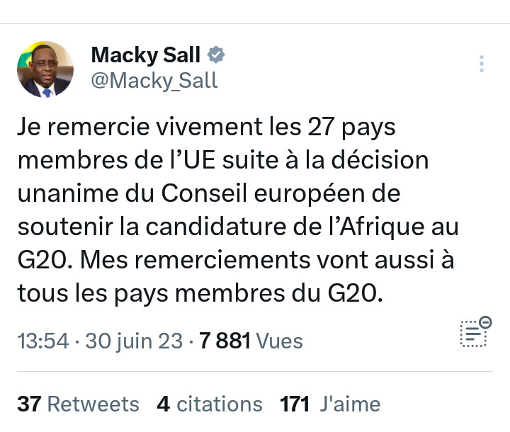 Soutien à la candidature de l'Afrique au G20: Macky remercie les 27 pays membres de l'UE
