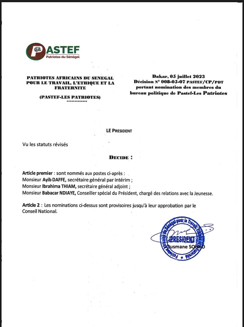 Renouvellement des instances de Pastef : Bassirou Diomaye Faye remplacé ( Documents) 
