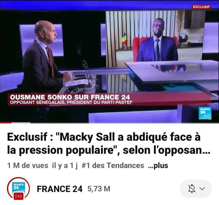 L’entretien de Ousmane Sonko sur France24 est #N1 des tendances YouTube avec plus d’1 millions de vues en moins de 24 heures