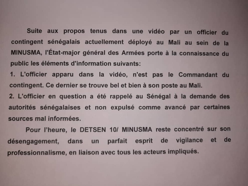 Rumeurs sur l'expulsion d'un officier sénégalais du Mali : Les précisions de L'État-major général des Armées Rumeurs sur l'expulsion d'un officier sénégalais du Mali : Les précisions de L'État-major général des Armées