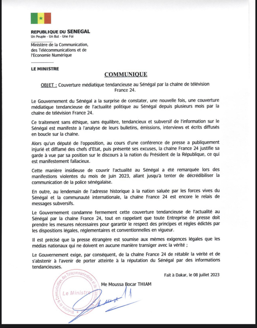 Le gouvernement du Sénégal accuse France24 de traitement tendancieux de l’actualité politique au Sénégal.