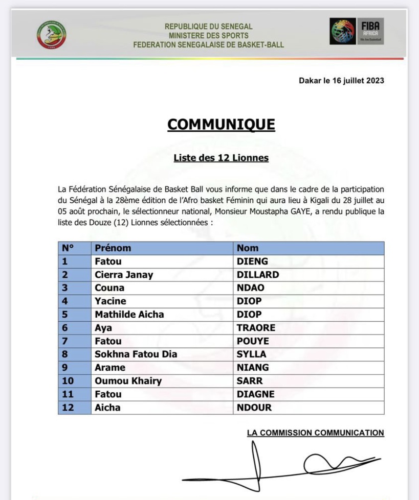 Afrobasket féminin 2023: la liste des 12 « Lionnes » sélectionnées par Moustapha Gaye Afrobasket féminin 2023: la liste des 12 « Lionnes » sélectionnées par Moustapha Gaye