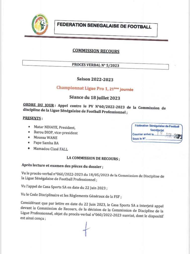 Ligue 1 : la Commission des Recours de la FSF déclare Casa Sports vainqueur devant Guédiawaye FC
