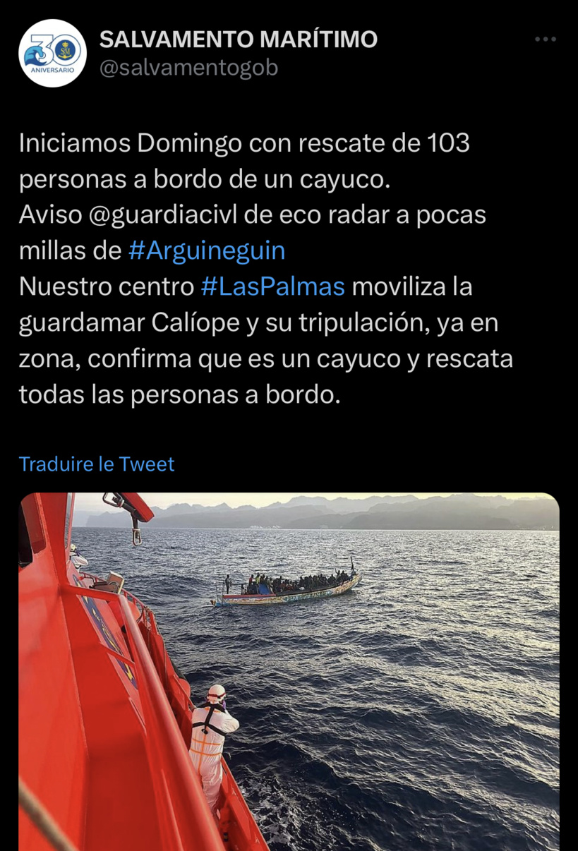 La Marine espagnole intercepte une nouvelle pirogue sénégalaise avec 103 personnes à bord La Marine espagnole intercepte une nouvelle pirogue sénégalaise avec 103 personnes à bord