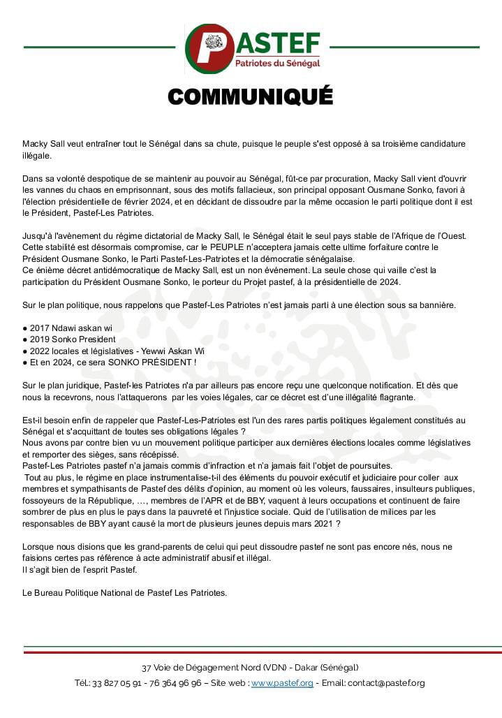 Après l'annonce de sa dissolution, le Pastef promet de répliquer juridiquement