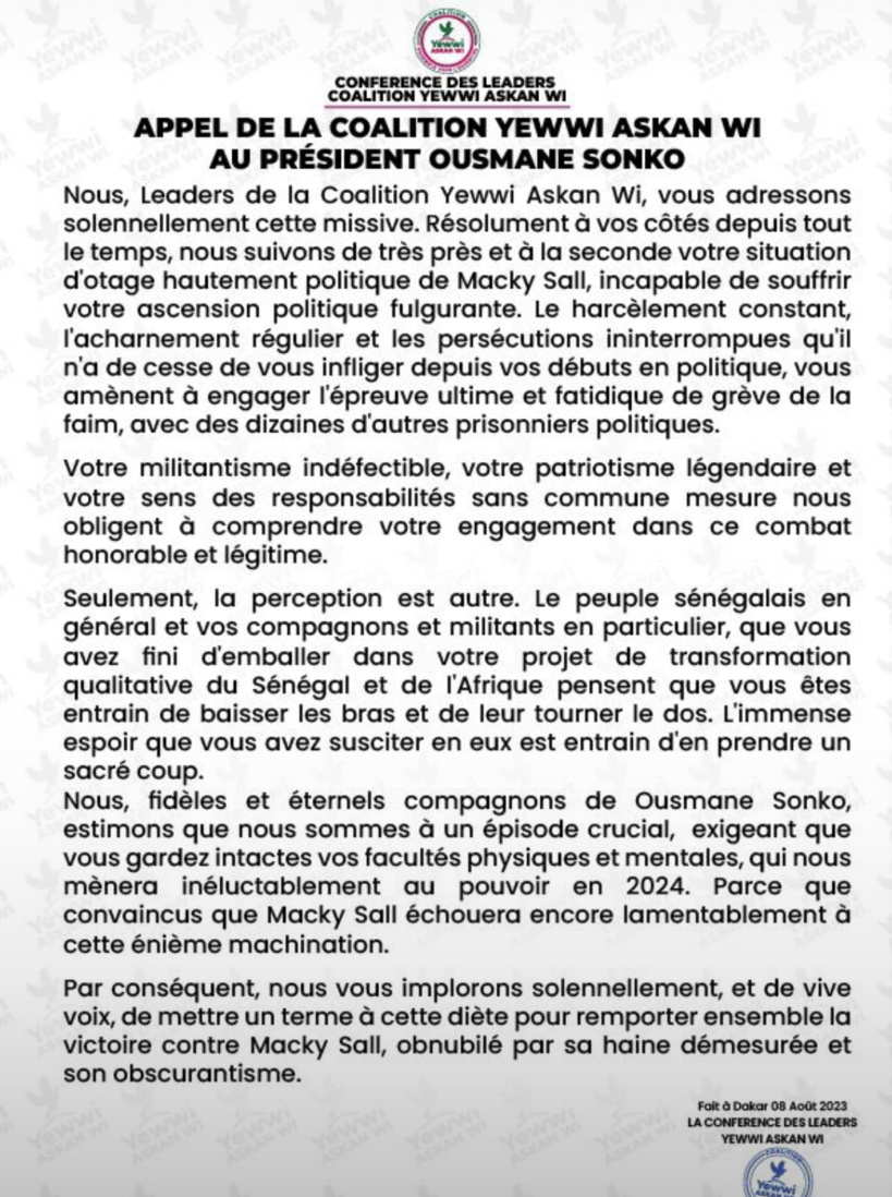 Yewwi Askan Wi implore Ousmane Sonko de mettre un terme à sa grève de la faim Yewwi Askan Wi implore Ousmane Sonko de mettre un terme à sa grève de la faim