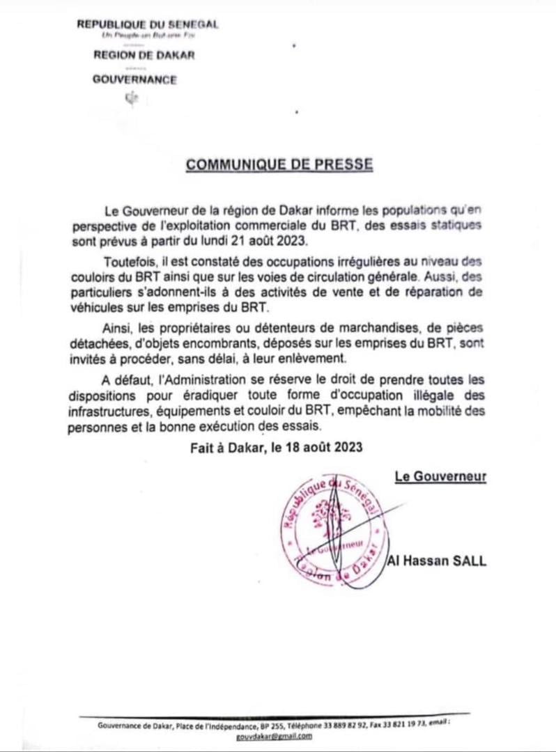 Essais statiques du BRT lundi: le Gouverneur de Dakar met en garde les occupants anarchiques des corridors