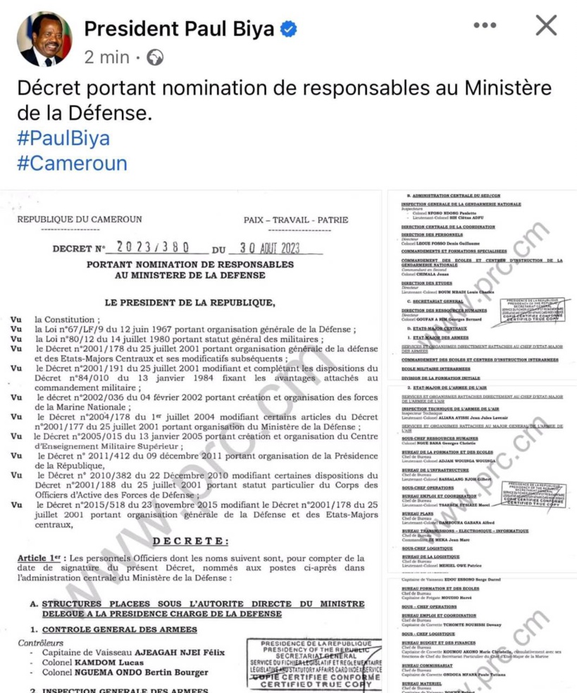 Cameroun : Paul Biya renforce sa sécurité après le coup d’Etat au Gabon ( Document)