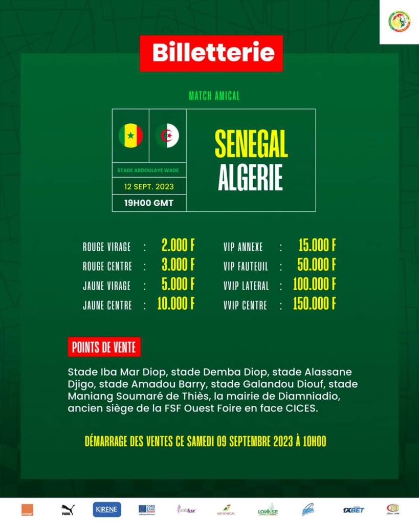 Amical Sénégal vs Algérie : voici les points de vente des tickets